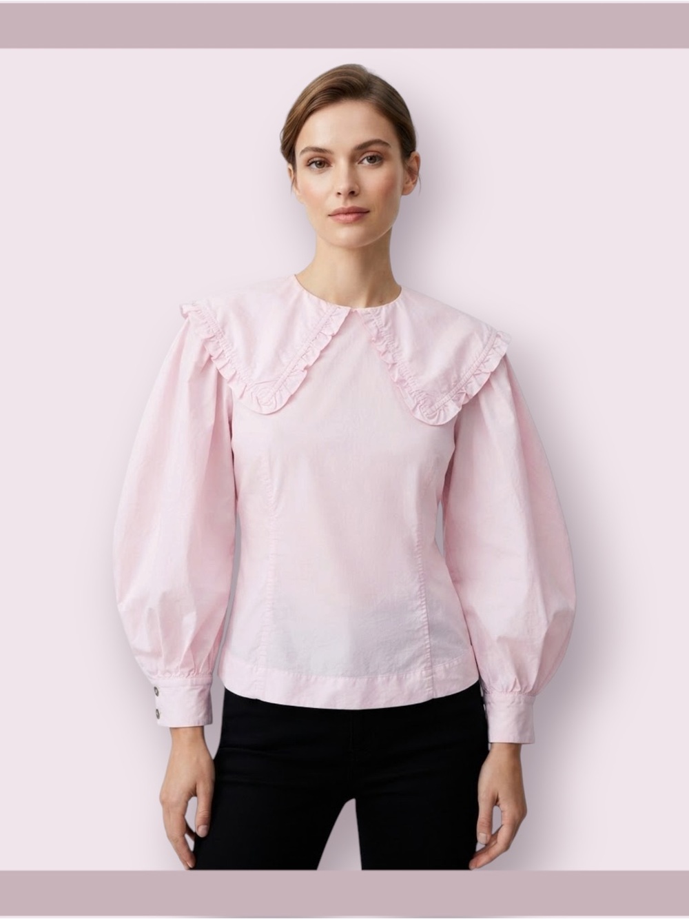 Ganni Pink Organic Cotton Poplin Ruffle Peter Pan Collar Blouse
